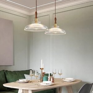 Retro Pendant LED Light with Ripple Glass & Walnut Wood